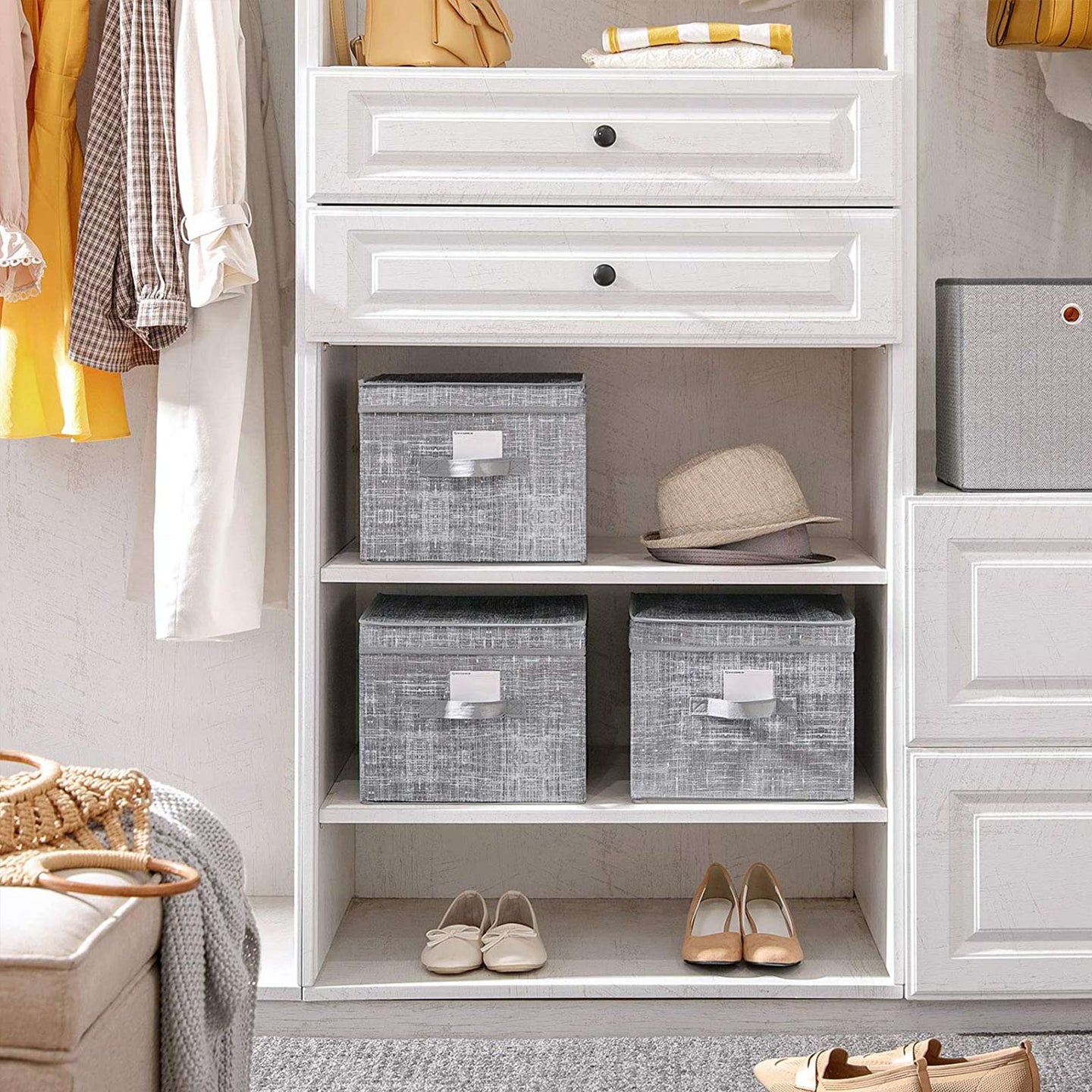 Storage Boxes - Fabric - Grey - Set of 3 with Lids and Clear Front Window