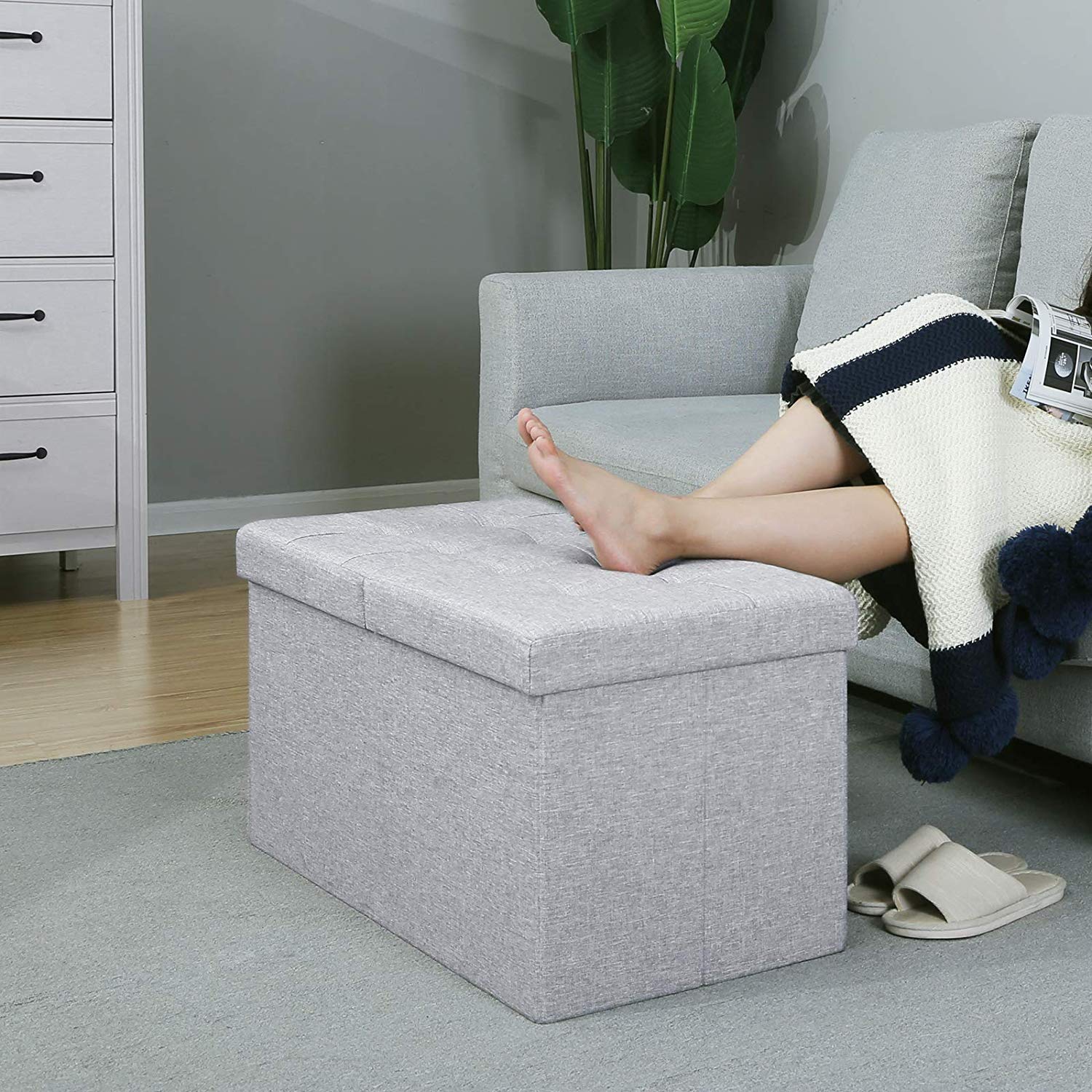Storage Ottoman - Fabric - Grey - Foldable with Flipping Lid