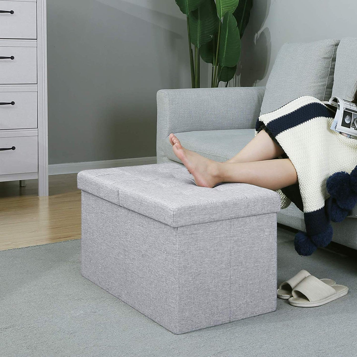 Storage Ottoman - Fabric - Grey - Foldable with Flipping Lid
