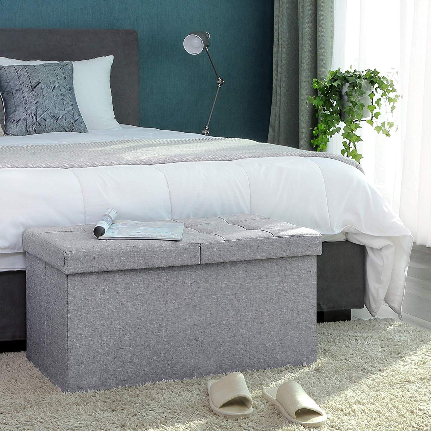 Foldable Storage Ottoman Bench - Fabric - Grey - 300 kg Load Capacity with Flip Lid