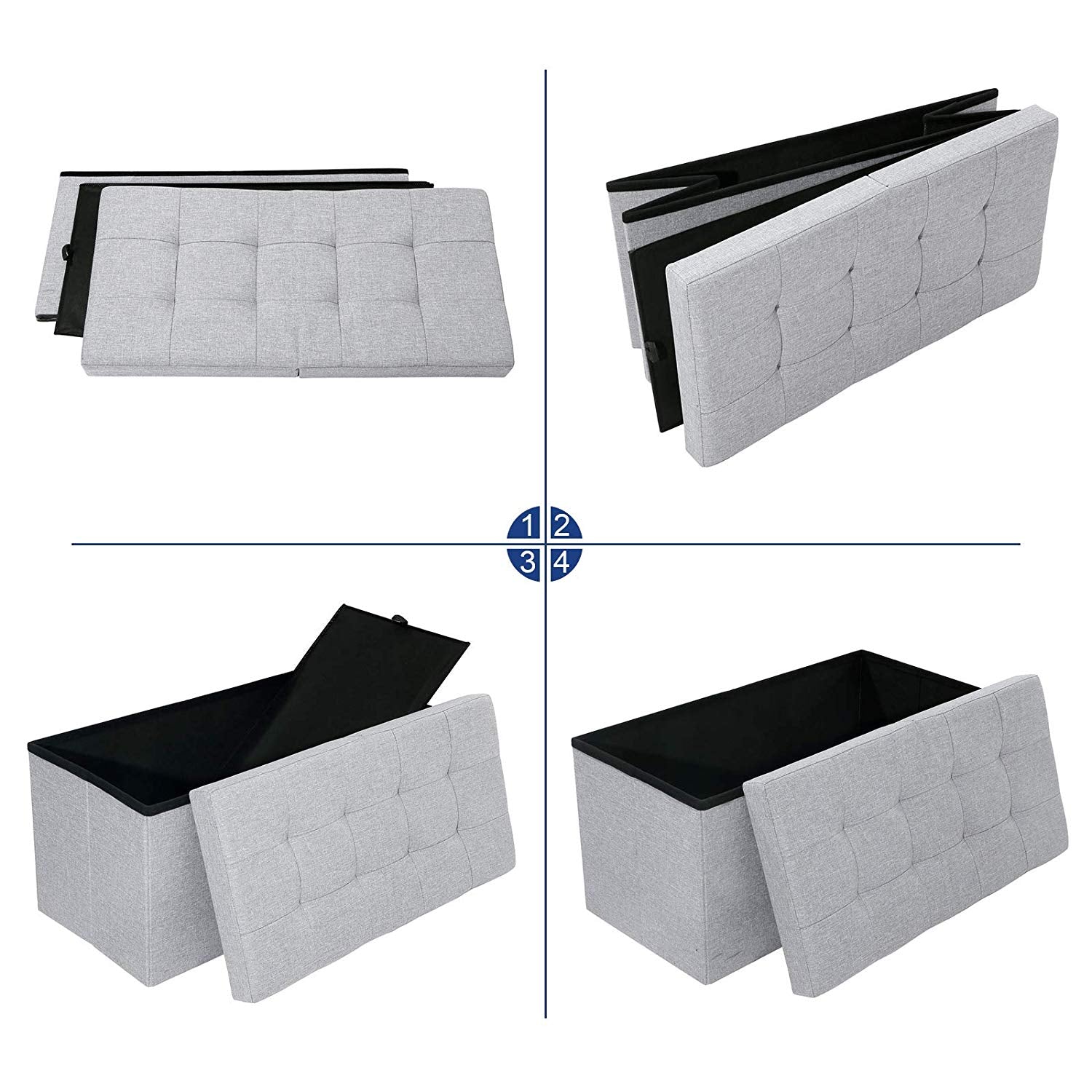 Foldable Storage Ottoman Bench - Fabric - Grey - 300 kg Load Capacity with Flip Lid