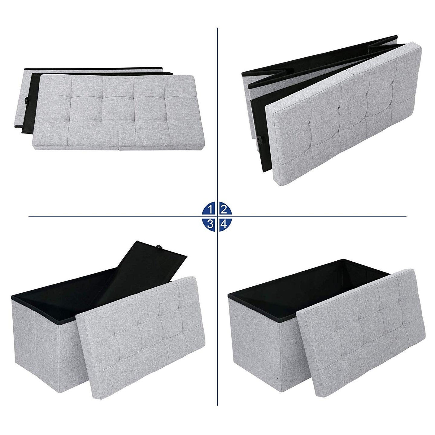 Foldable Storage Ottoman Bench - Fabric - Grey - 300 kg Load Capacity with Flip Lid