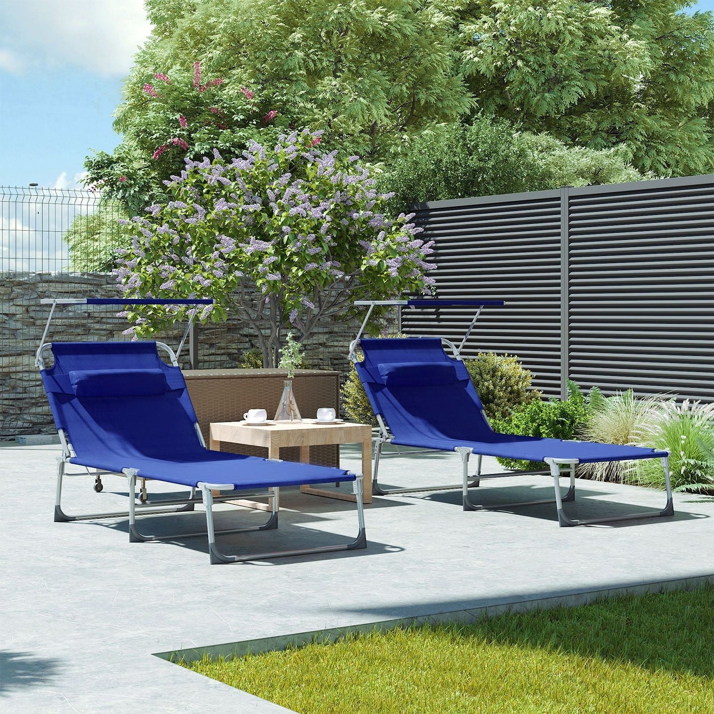 Sun Lounger - Fabric - Grey - Adjustable with Pillow and Sunshade