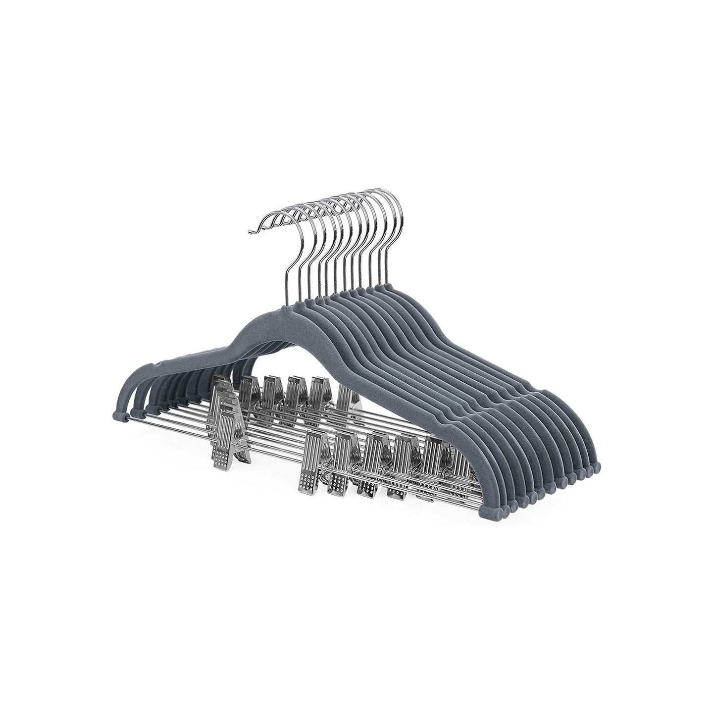 Velvet Swivel Trouser Hangers - Grey - 12 Piece Set with Non-Slip Bar and Clips for Space Saving Storage