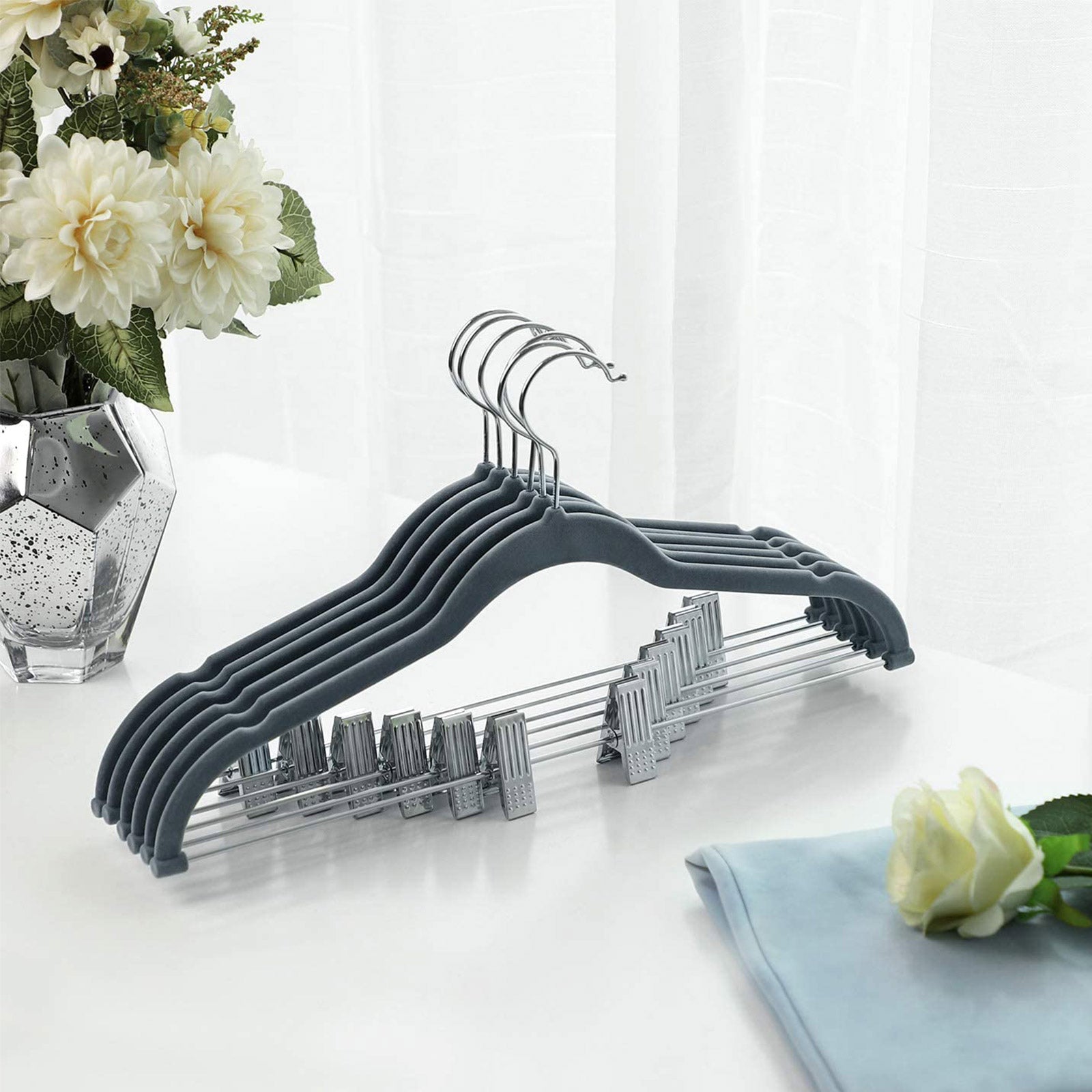 Velvet Swivel Trouser Hangers - Grey - 12 Piece Set with Non-Slip Bar and Clips for Space Saving Storage