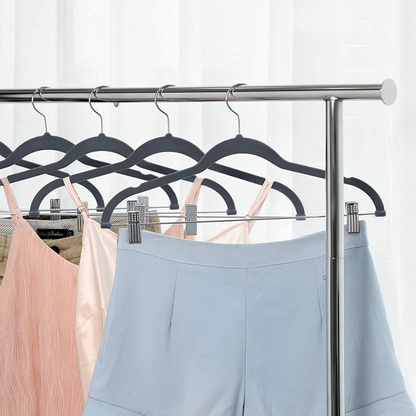 Velvet Swivel Trouser Hangers - Grey - 12 Piece Set with Non-Slip Bar and Clips for Space Saving Storage