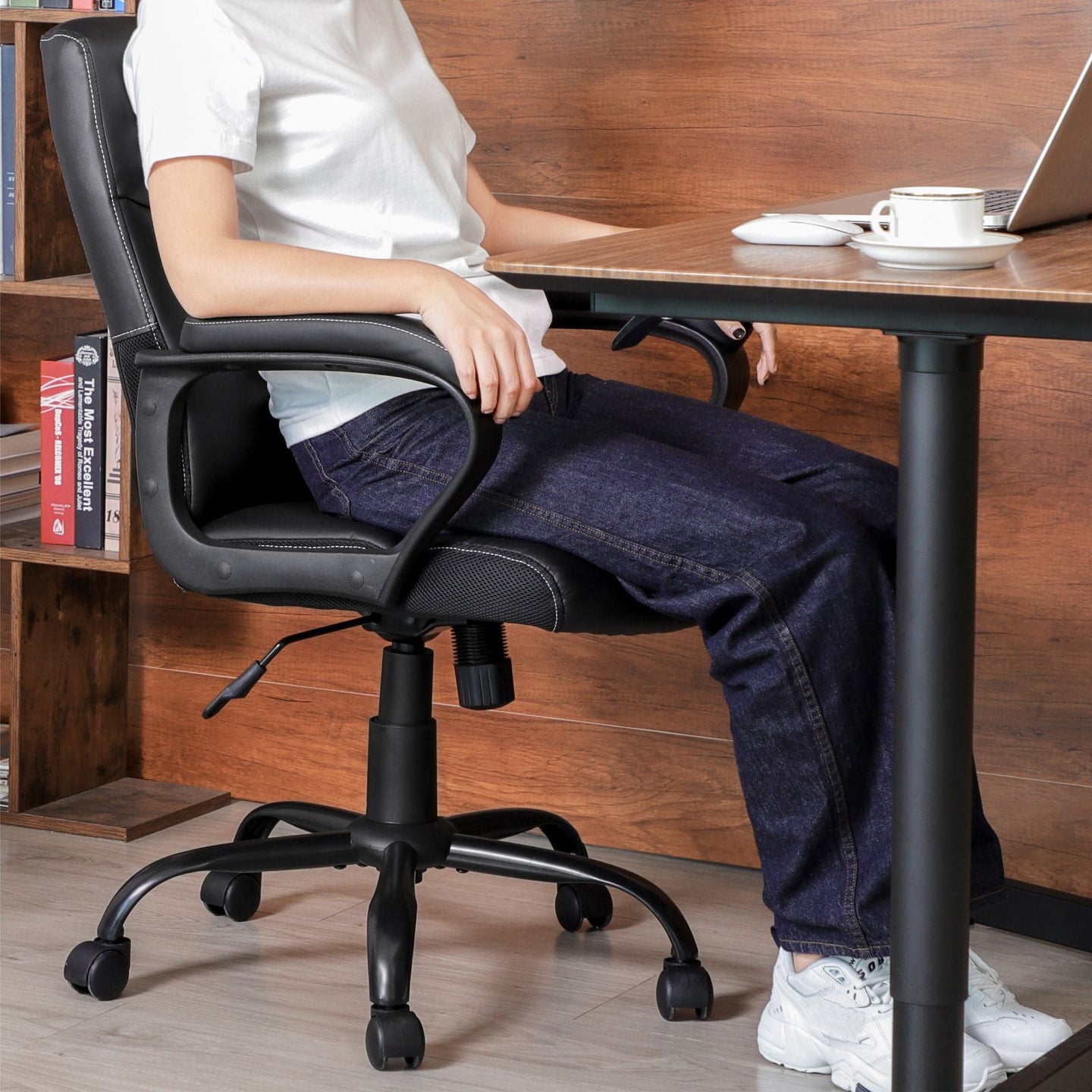 Executive Chair - Synthetic Leather - Black - Comfortable Thick Padding with Adjustable Height and Tilt Mechanism