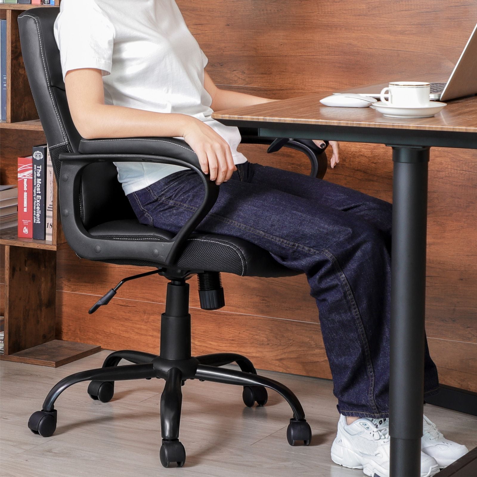 Executive Chair - Synthetic Leather - Black - Comfortable Thick Padding with Adjustable Height and Tilt Mechanism