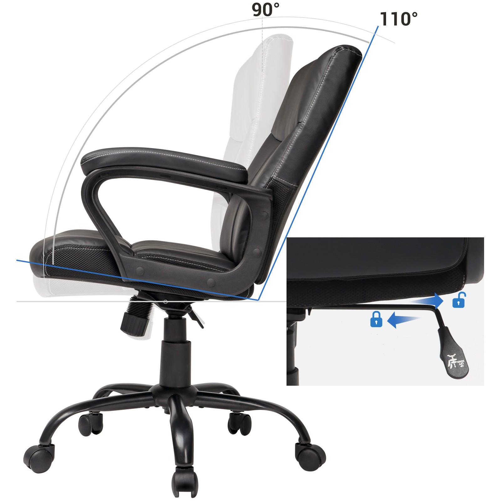 Executive Chair - Synthetic Leather - Black - Comfortable Thick Padding with Adjustable Height and Tilt Mechanism