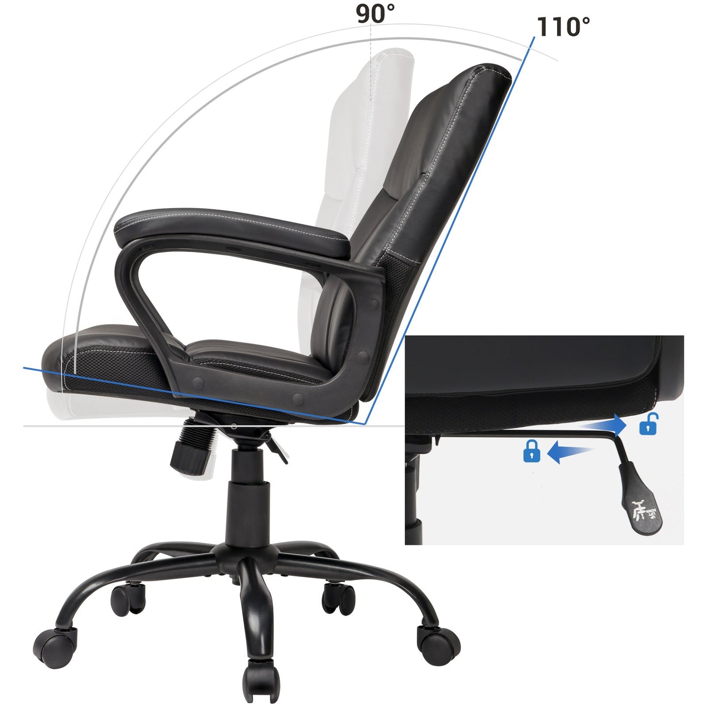 Executive Chair - Synthetic Leather - Black - Comfortable Thick Padding with Adjustable Height and Tilt Mechanism