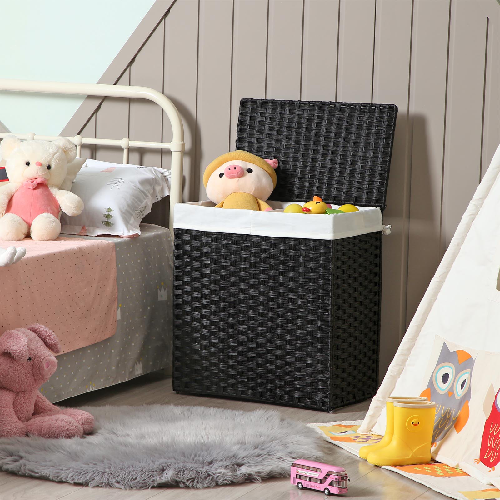 Laundry Hamper - Synthetic Rattan - Natural - 110L Capacity with Divided Compartment