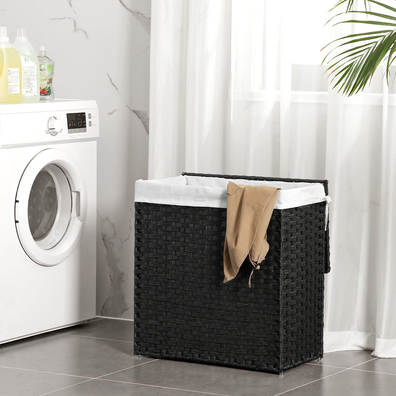Laundry Hamper - Synthetic Rattan - Natural - 110L Capacity with Divided Compartment