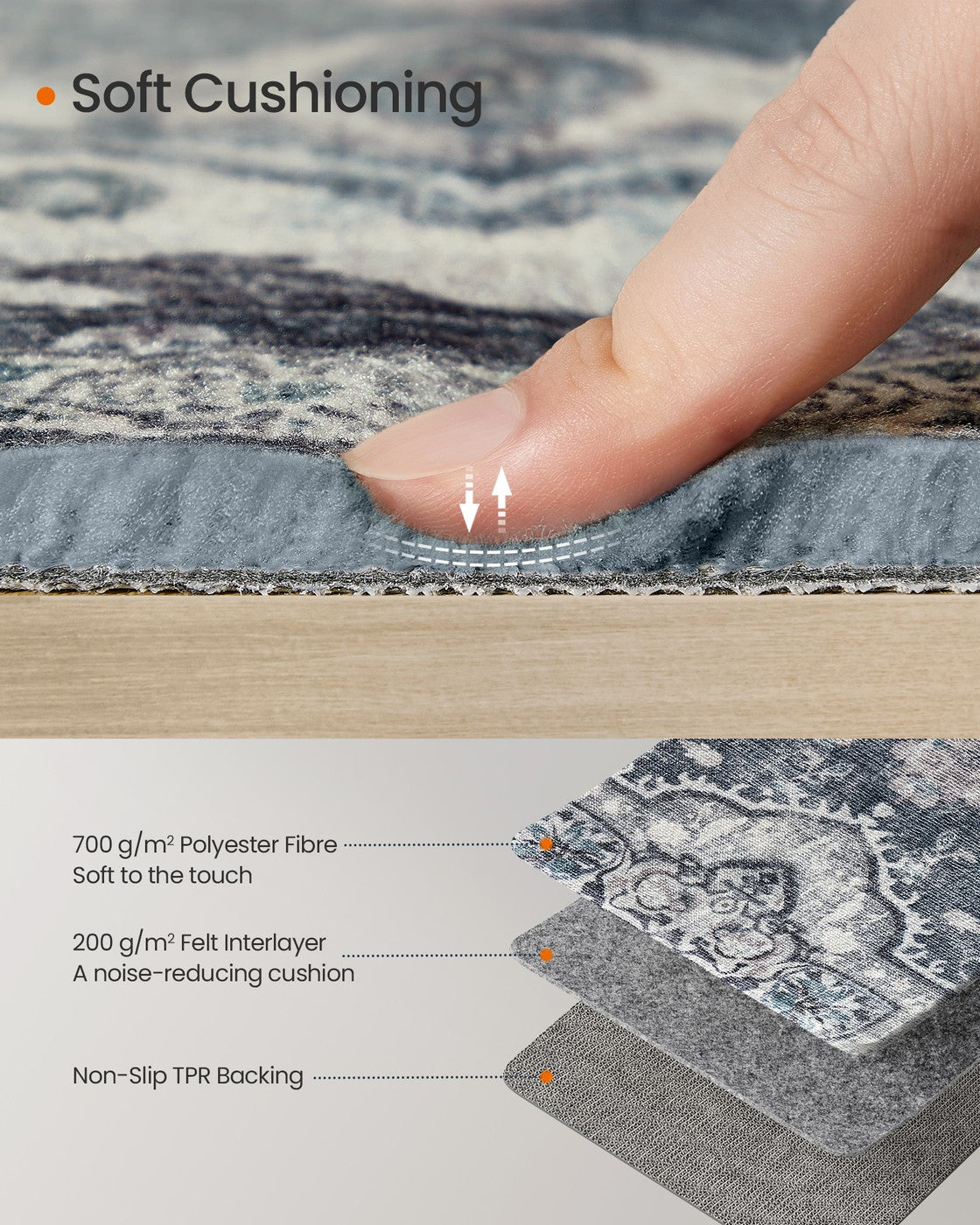Area Rug Non-Slip Carpet for Bedroom Living Room - Polyester and Felt - Dove Grey