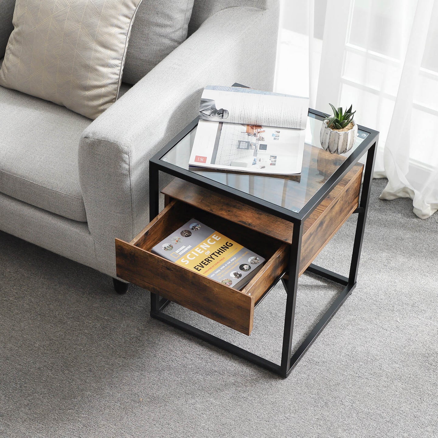 Tempered Glass End Table - Iron - Rustic