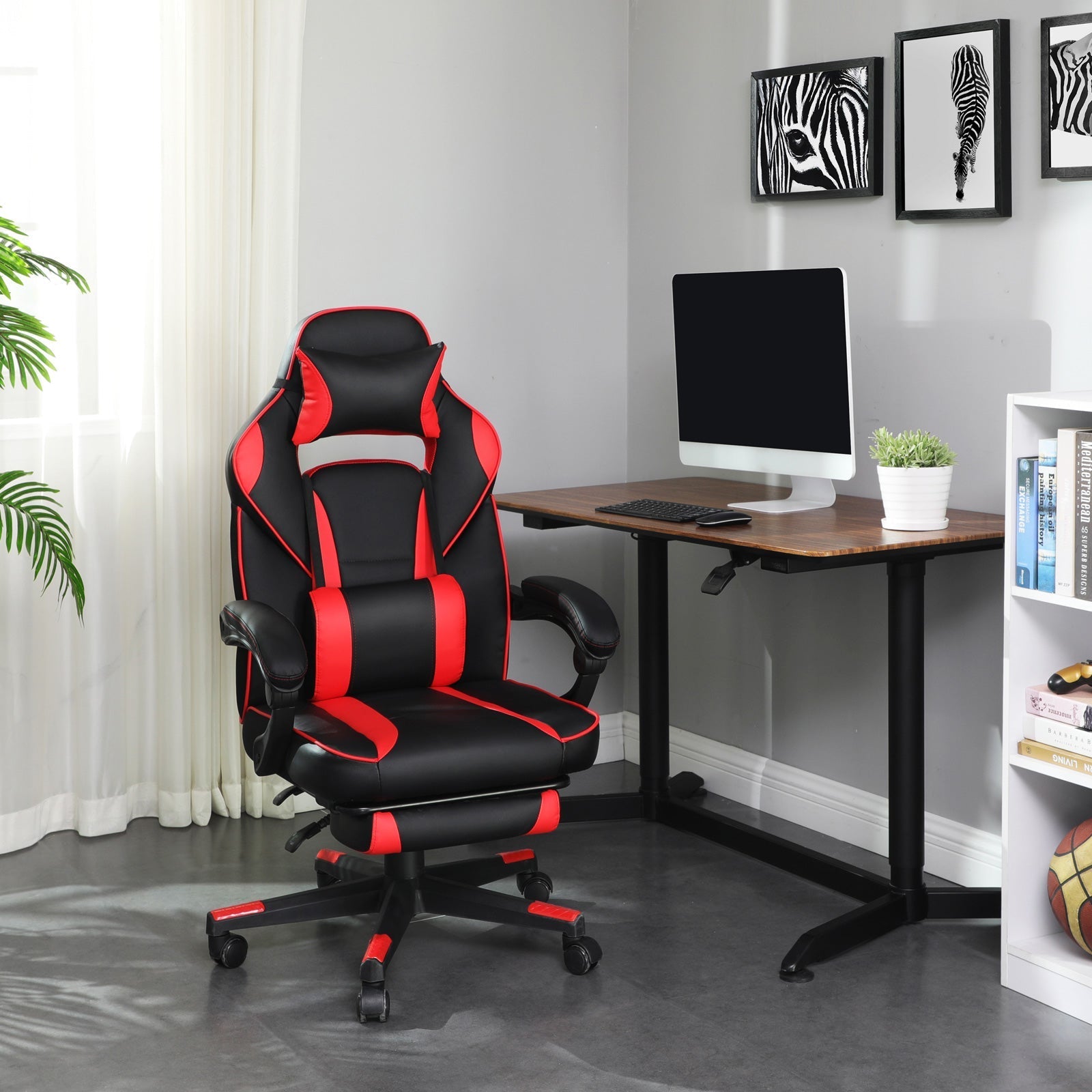 Gaming Chair - Faux Leather - Black and Red - Ergonomic Design with Adjustable Footrest and Tilt Mechanism
