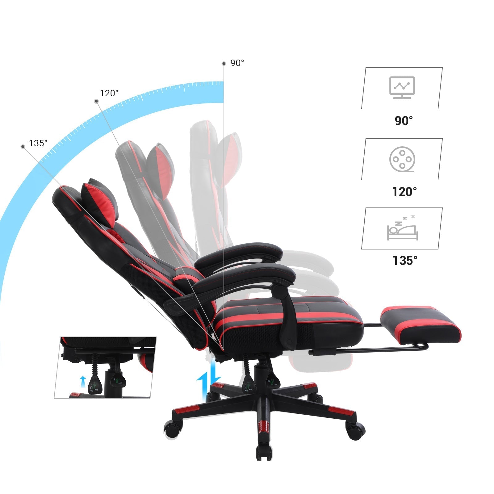 Gaming Chair - Faux Leather - Black and Red - Ergonomic Design with Adjustable Footrest and Tilt Mechanism
