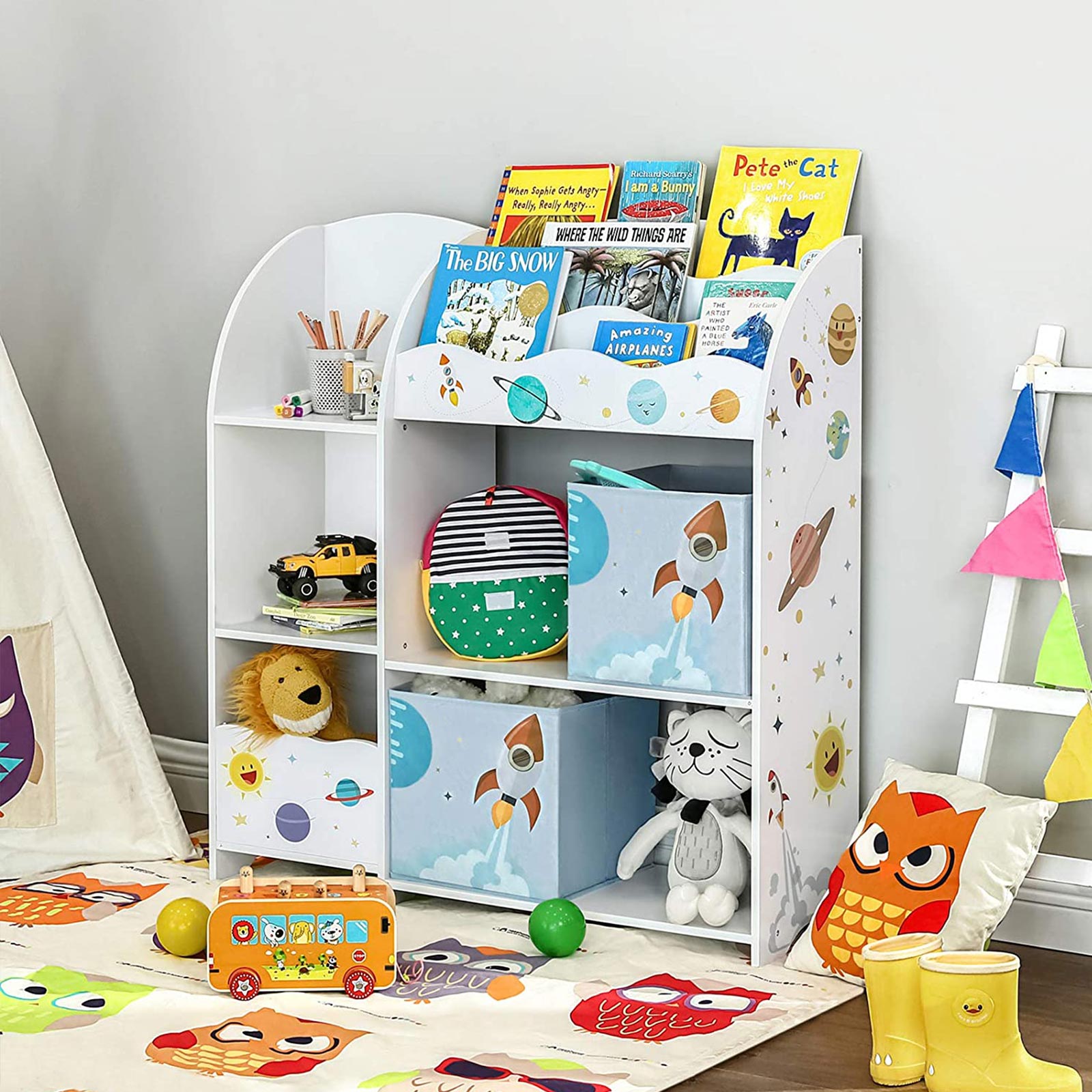 Toy and Book Organiser - Wood - White - Multi-Functional Storage Unit with Storage Boxes