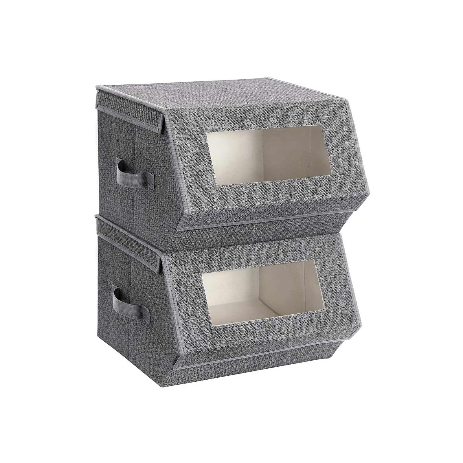 Stackable Storage Bins - Plastic - Gray and Beige - Transparent Windows with Magnetic Lid and Side Handles