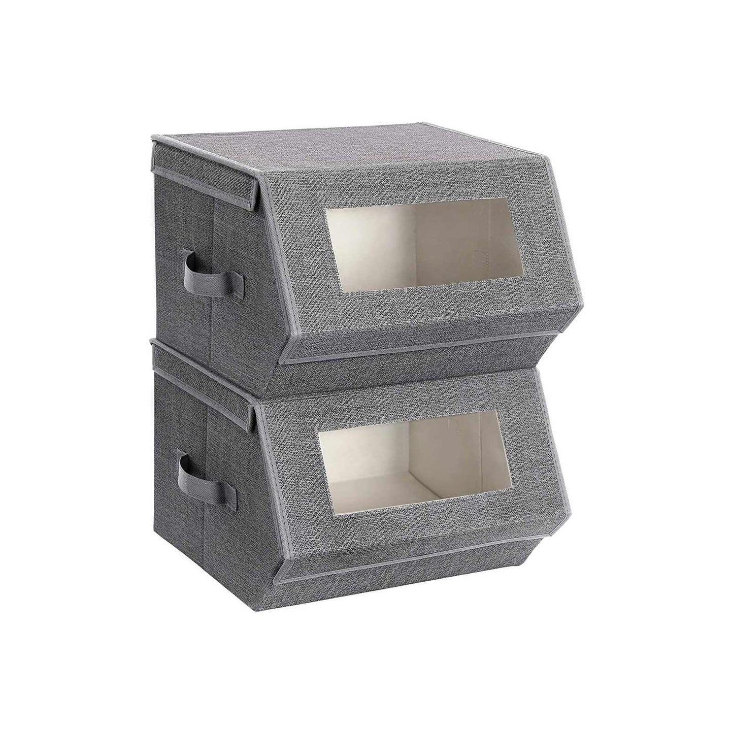 Stackable Storage Bins - Plastic - Gray and Beige - Transparent Windows with Magnetic Lid and Side Handles