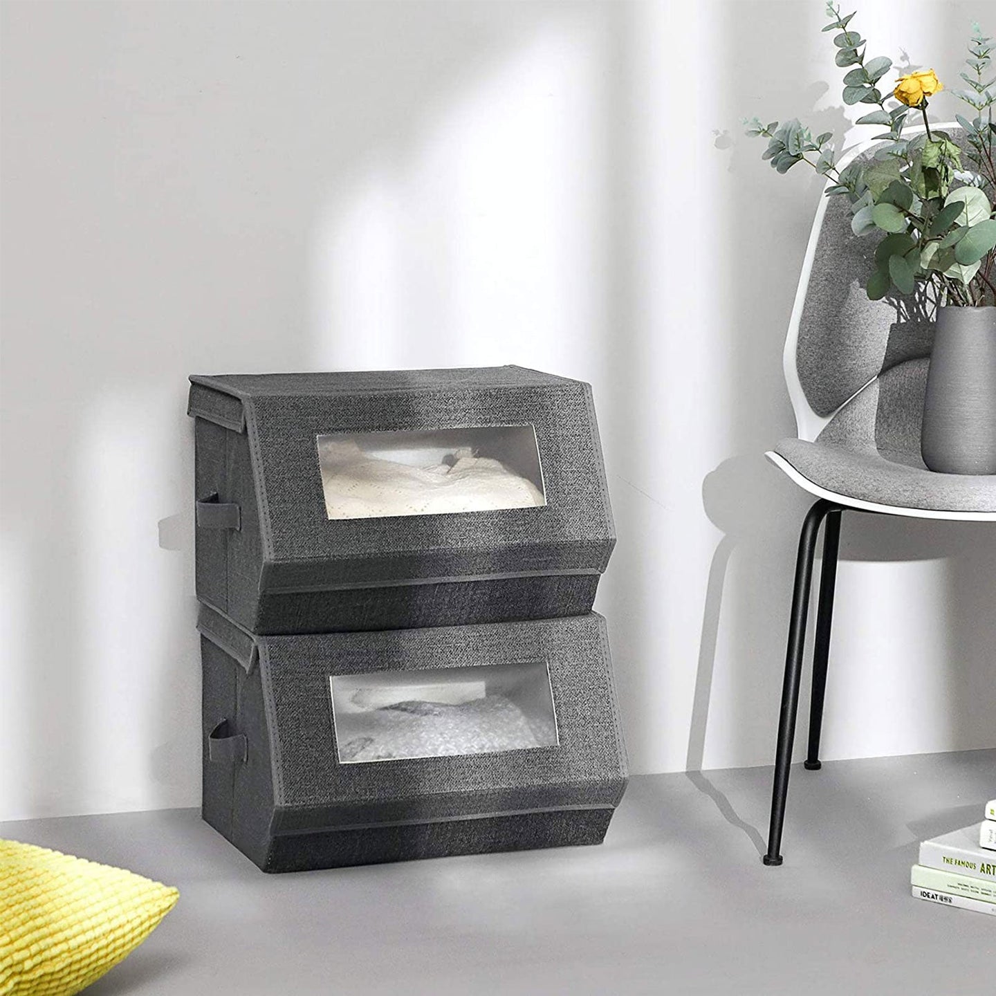 Stackable Storage Bins - Plastic - Gray and Beige - Transparent Windows with Magnetic Lid and Side Handles