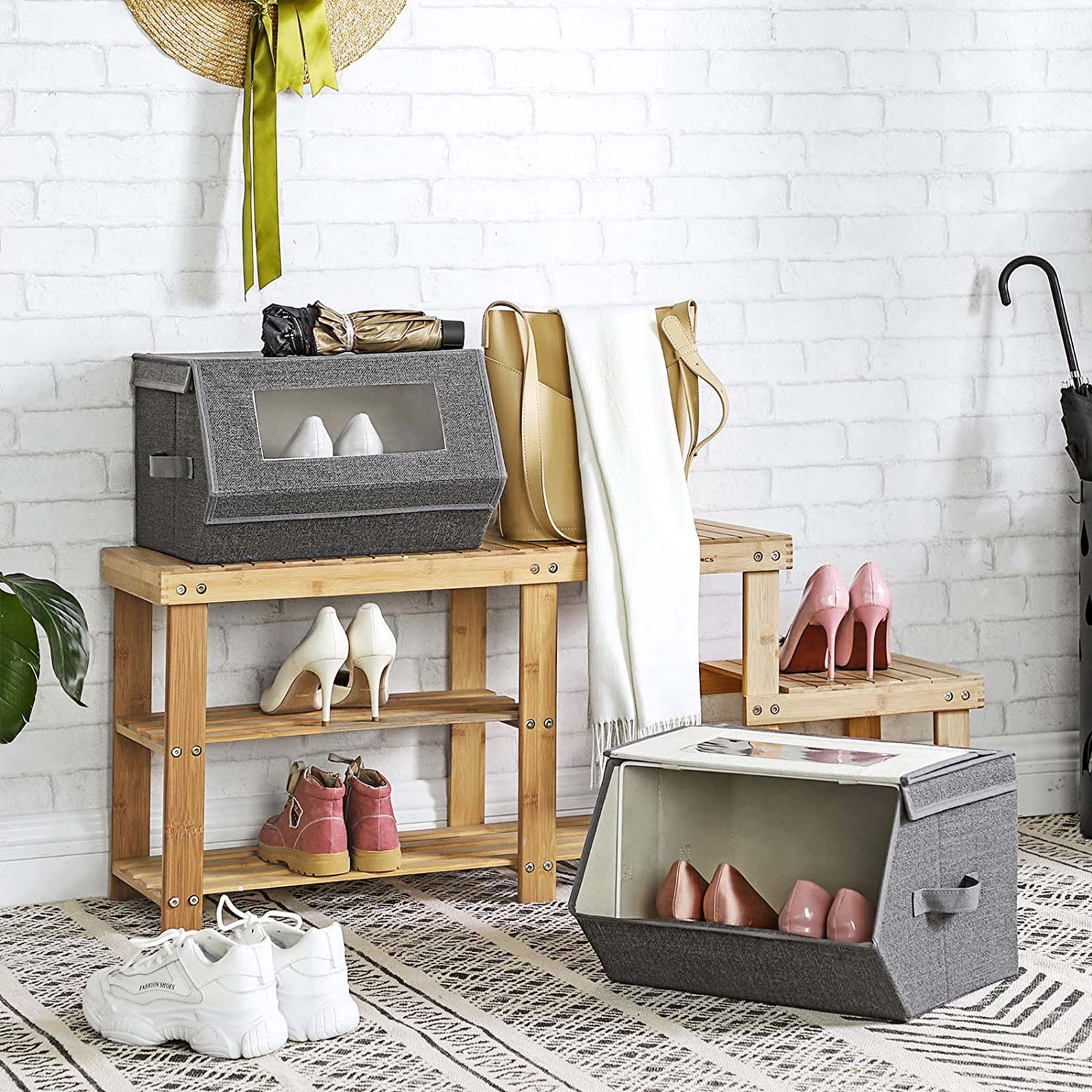 Stackable Storage Bins - Plastic - Gray and Beige - Transparent Windows with Magnetic Lid and Side Handles