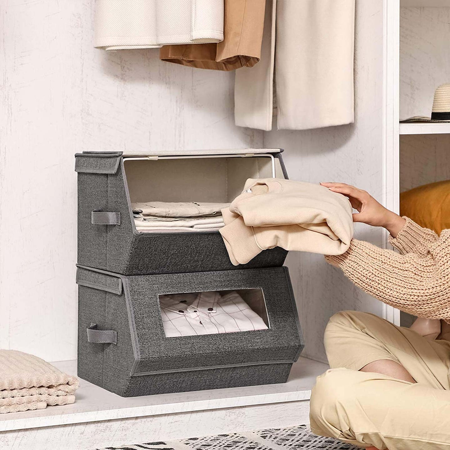 Stackable Storage Bins - Plastic - Gray and Beige - Transparent Windows with Magnetic Lid and Side Handles
