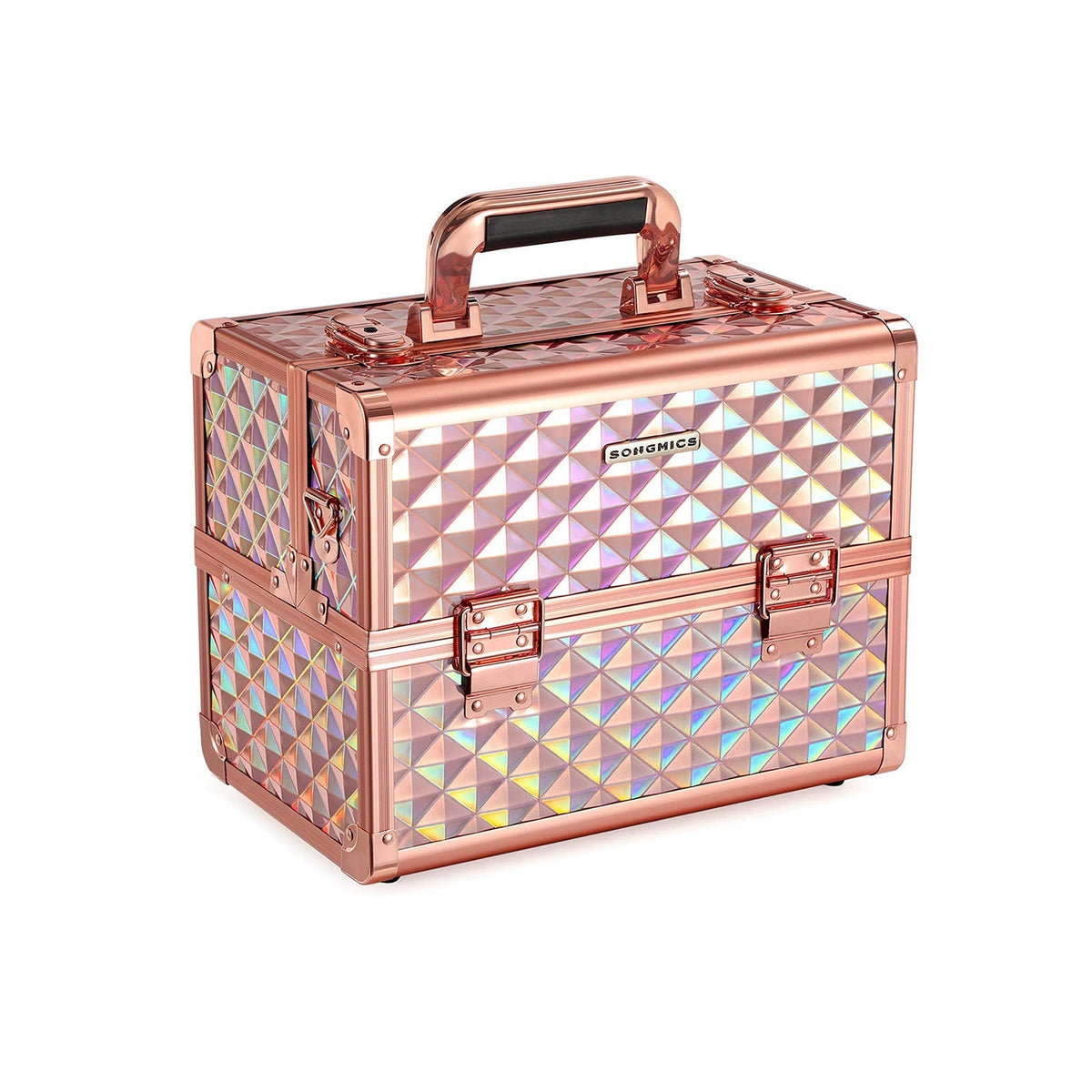 Cosmetics Case - Metal - Laser Rose Gold - Lockable Travel Organizer with Shoulder Strap