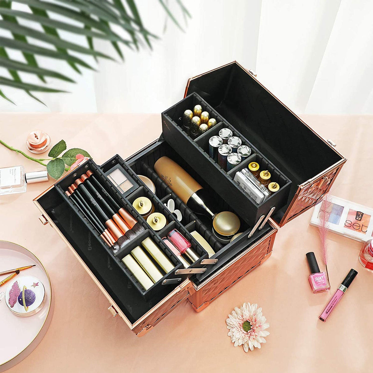 Cosmetics Case - Metal - Laser Rose Gold - Lockable Travel Organizer with Shoulder Strap