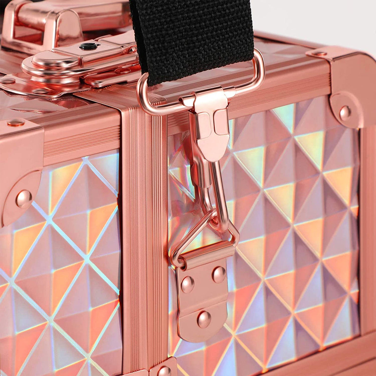 Cosmetics Case - Metal - Laser Rose Gold - Lockable Travel Organizer with Shoulder Strap