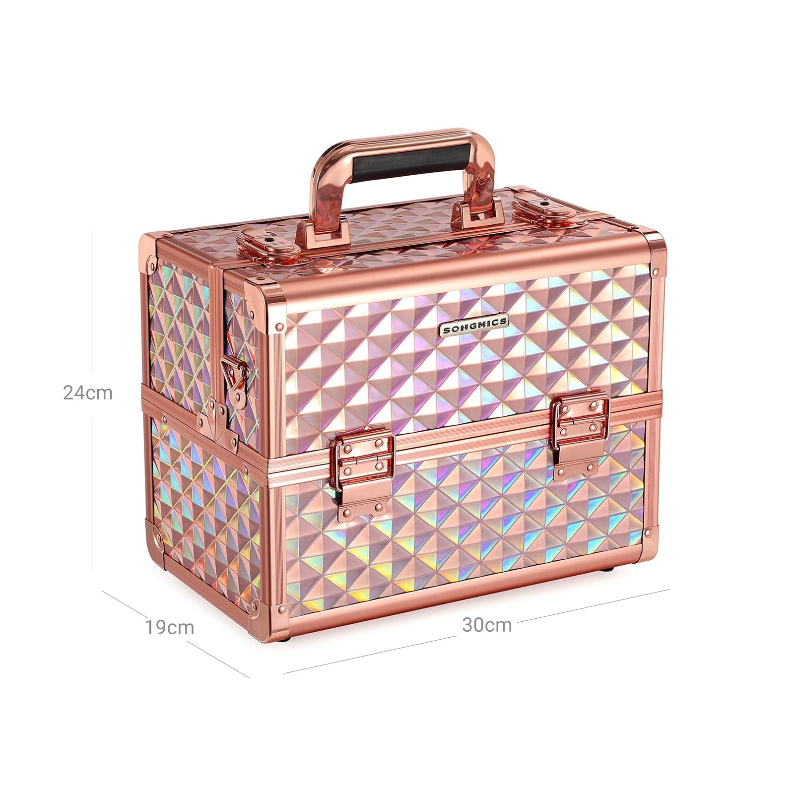 Cosmetics Case - Metal - Laser Rose Gold - Lockable Travel Organizer with Shoulder Strap