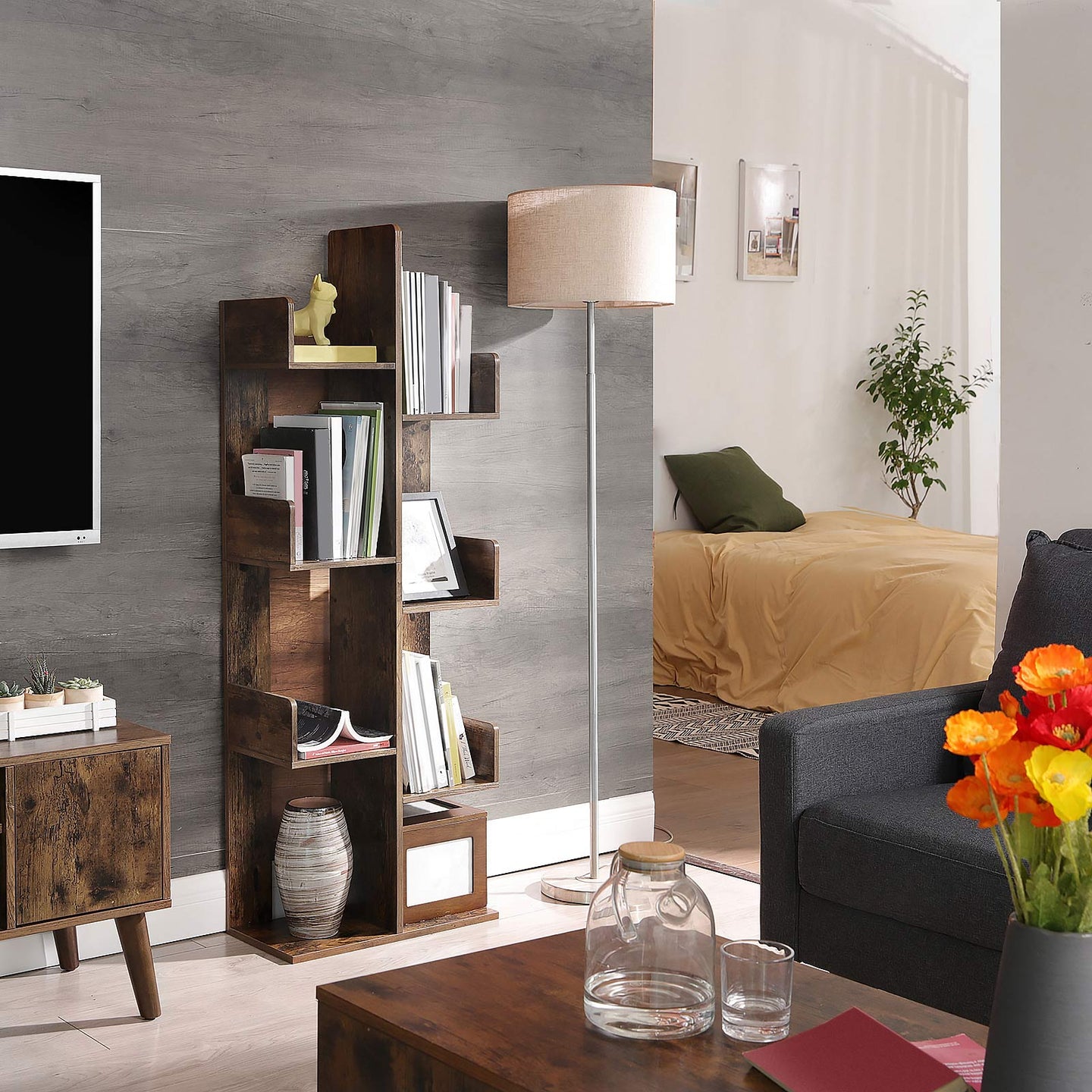 Tree-Shaped Bookshelf - Wood - Rustic Brown - 8 Storage Compartments