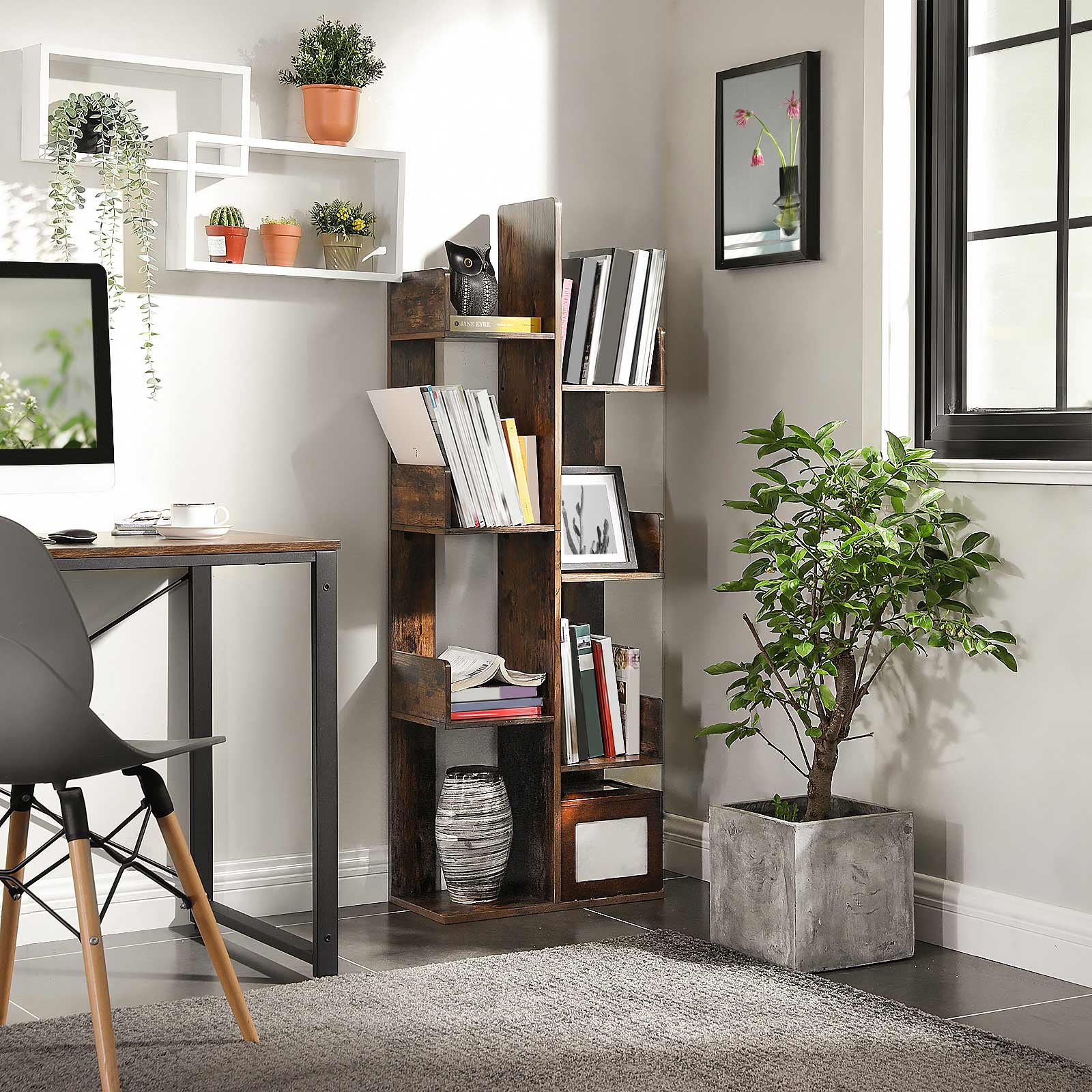 Tree-Shaped Bookshelf - Wood - Rustic Brown - 8 Storage Compartments