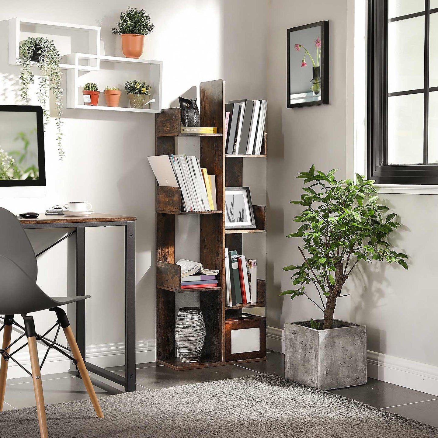 Tree-Shaped Bookshelf - Wood - Rustic Brown - 8 Storage Compartments