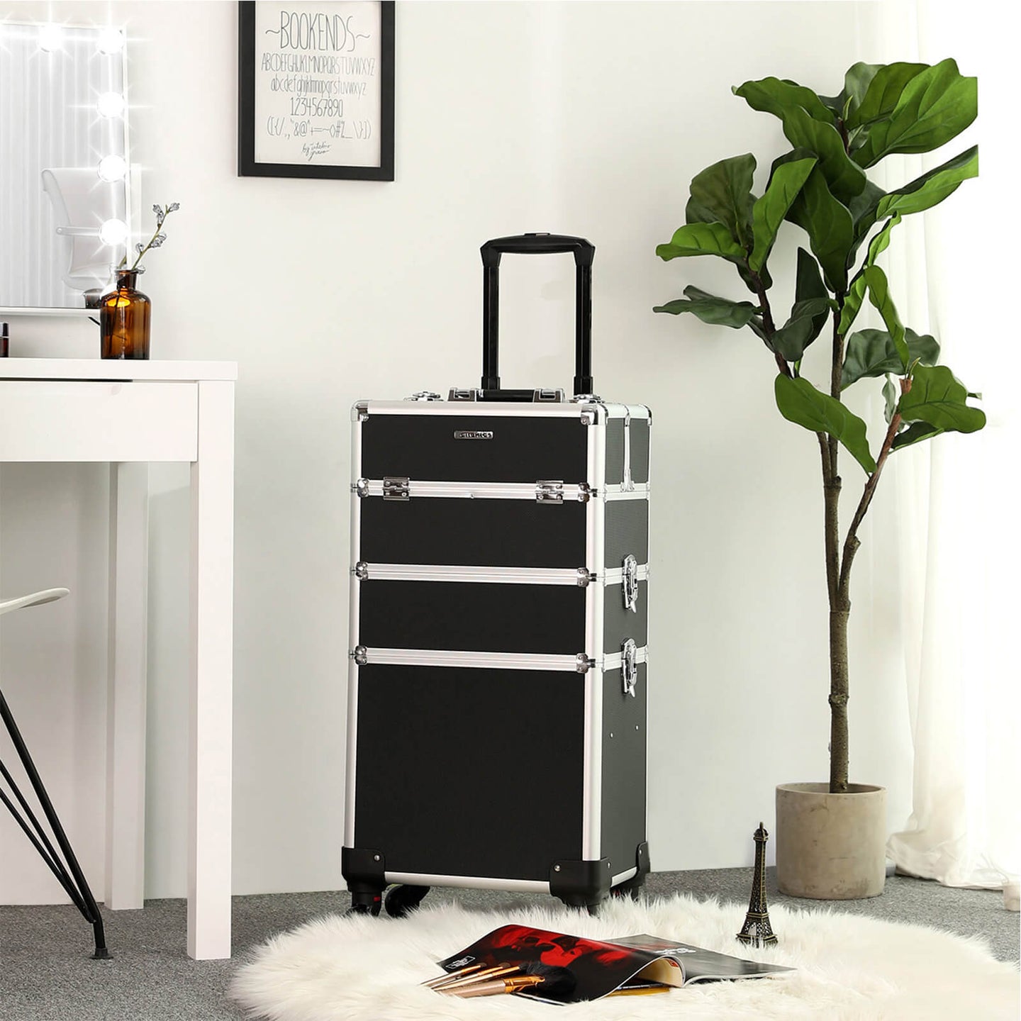 Cosmetic Trolley - Metal - Black - Lockable and Rolling with 360-Degree Casters