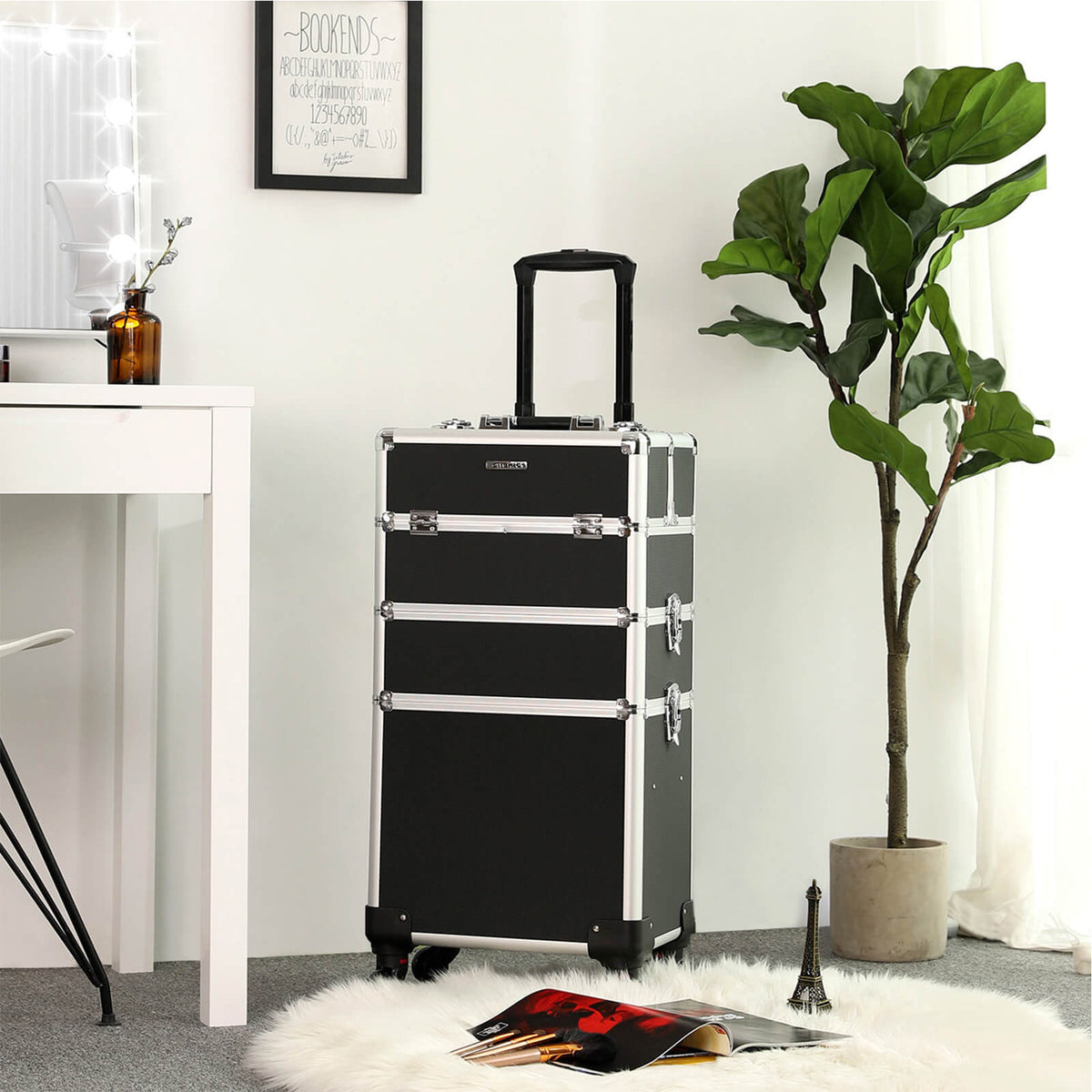 Cosmetic Trolley - Metal - Black - Lockable and Rolling with 360-Degree Casters