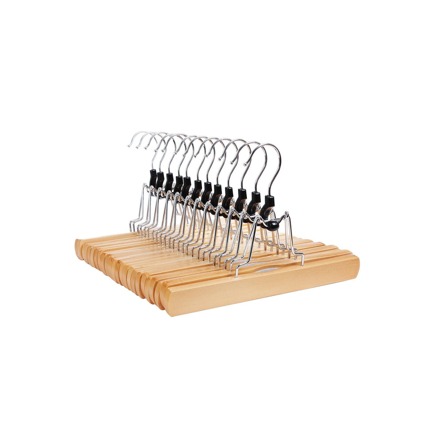 Trouser Clamp Hanger - Solid Wood - Natural - Set of 12 with 360° Rotatable Hook and Anti-slip Felt