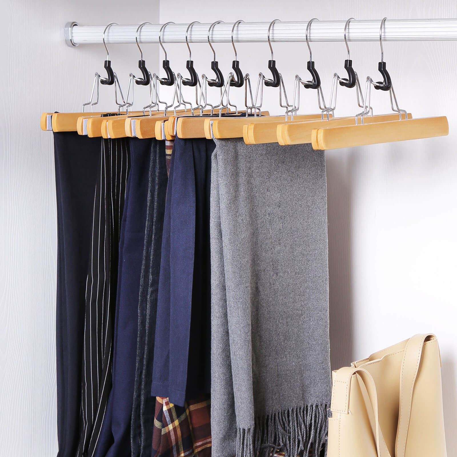 Trouser Clamp Hanger - Solid Wood - Natural - Set of 12 with 360° Rotatable Hook and Anti-slip Felt