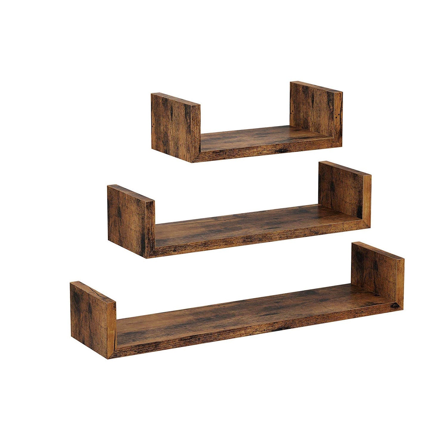 Wall-Mounted Floating Shelves - Wood - Rustic Brown - Set of 3 Vintage-Style U-Shaped Design