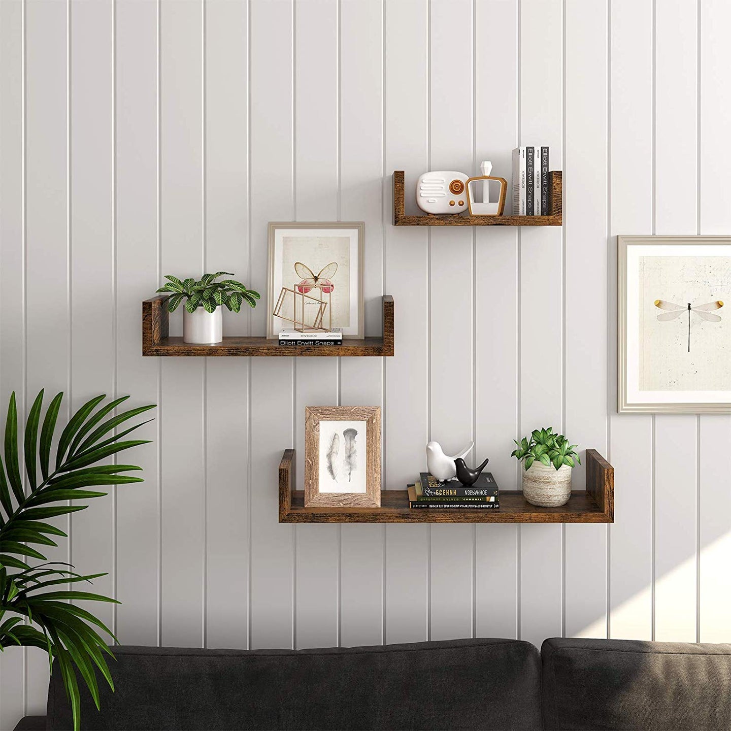 Wall-Mounted Floating Shelves - Wood - Rustic Brown - Set of 3 Vintage-Style U-Shaped Design