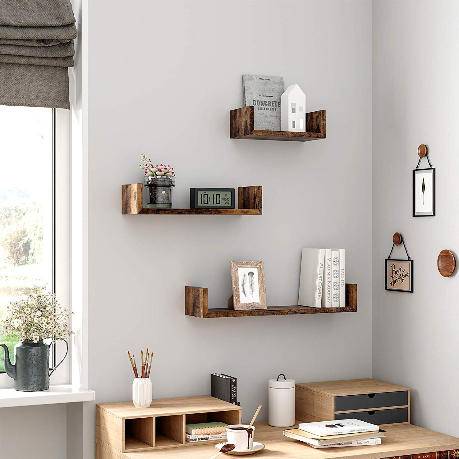 Wall-Mounted Floating Shelves - Wood - Rustic Brown - Set of 3 Vintage-Style U-Shaped Design