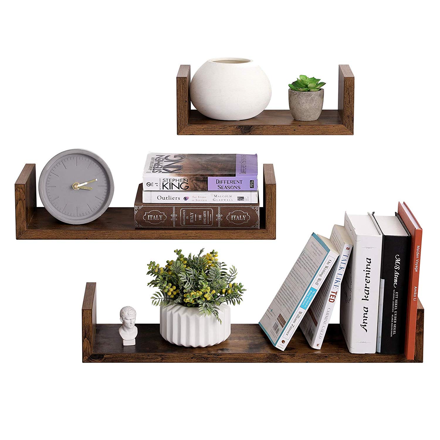 Wall-Mounted Floating Shelves - Wood - Rustic Brown - Set of 3 Vintage-Style U-Shaped Design
