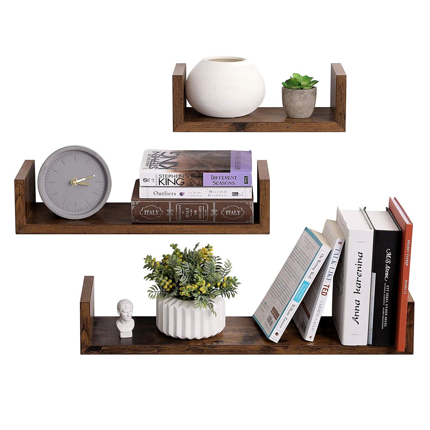 Wall-Mounted Floating Shelves - Wood - Rustic Brown - Set of 3 Vintage-Style U-Shaped Design