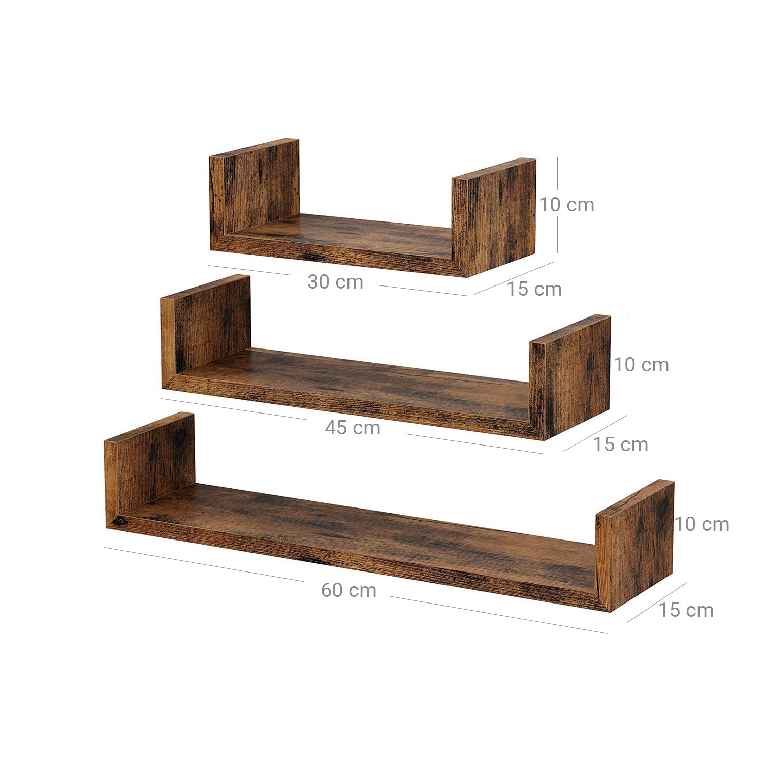 Wall-Mounted Floating Shelves - Wood - Rustic Brown - Set of 3 Vintage-Style U-Shaped Design