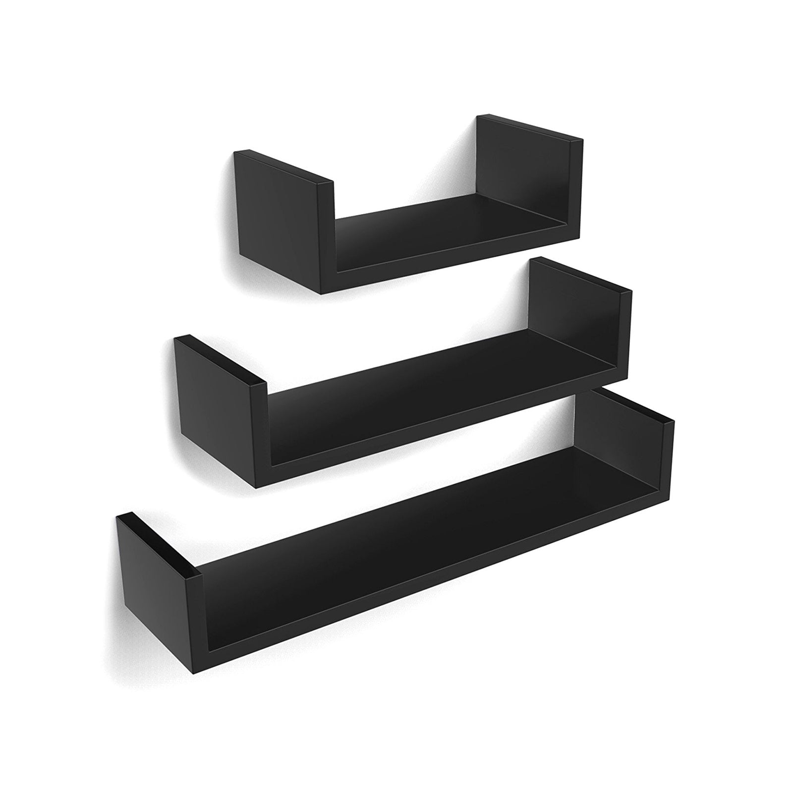 U-Shaped Floating Wall Shelves - Wood - Black - Set of 3 with 15 kg Weight Capacity