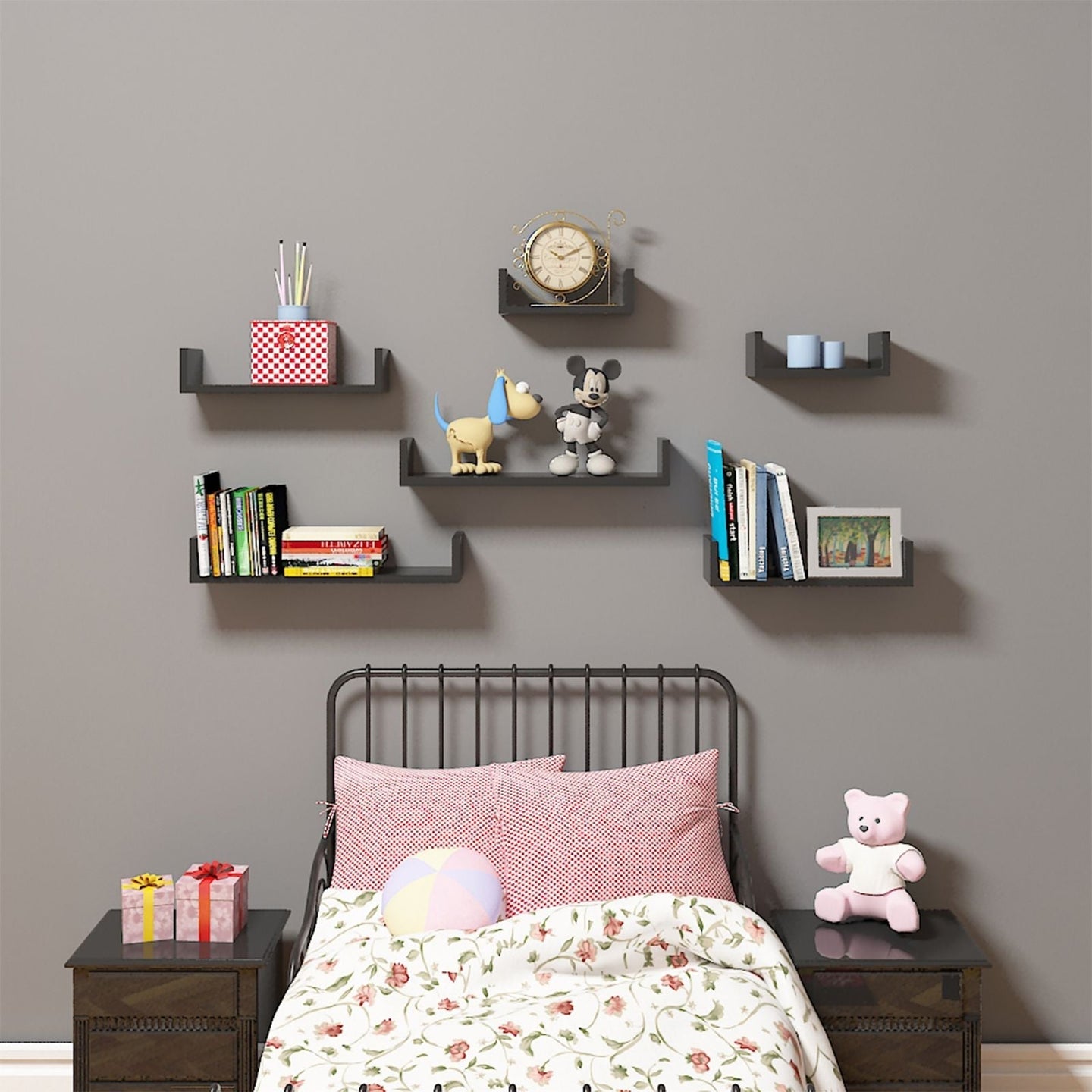 U-Shaped Floating Wall Shelves - Wood - Black - Set of 3 with 15 kg Weight Capacity