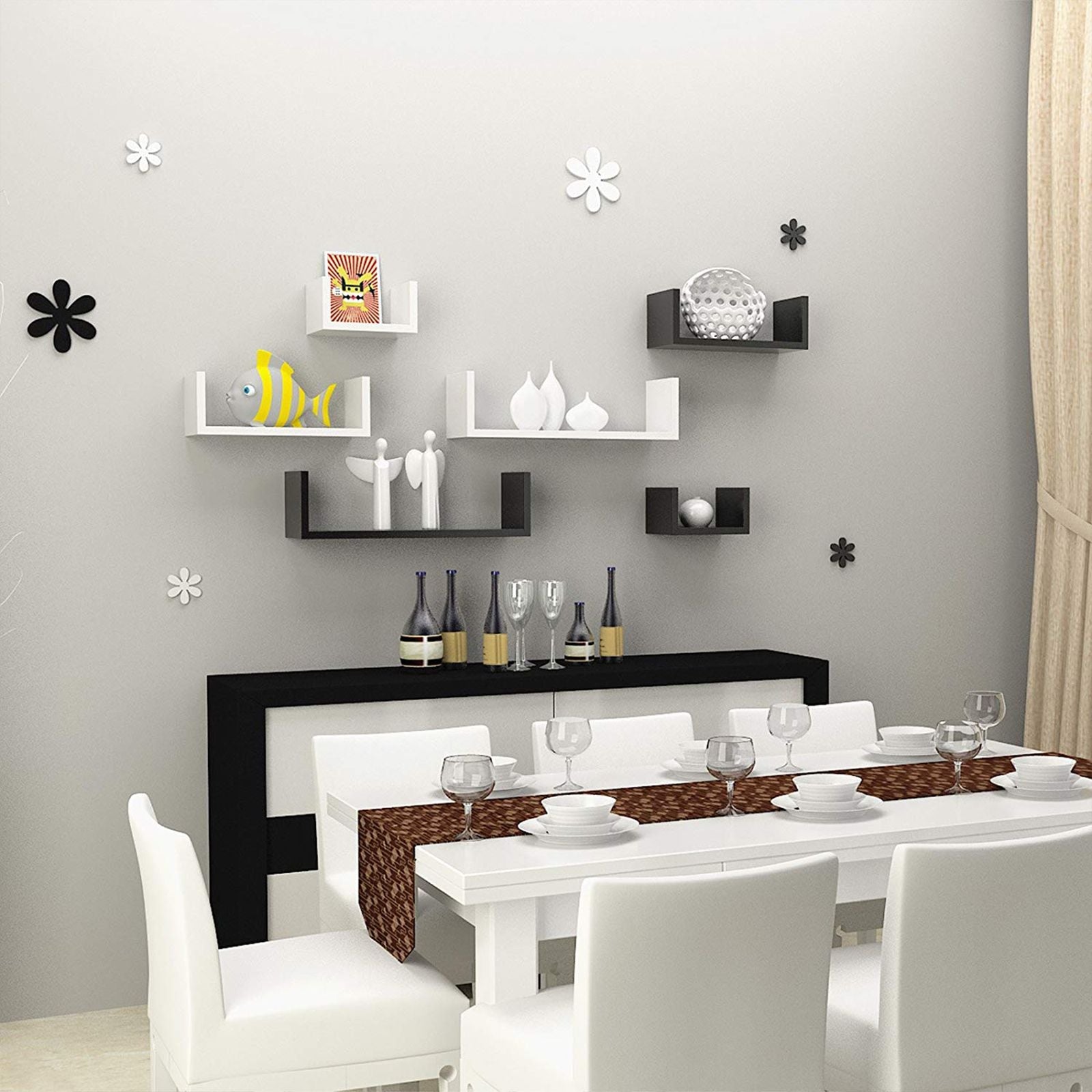 U-Shaped Floating Wall Shelves - Wood - Black - Set of 3 with 15 kg Weight Capacity