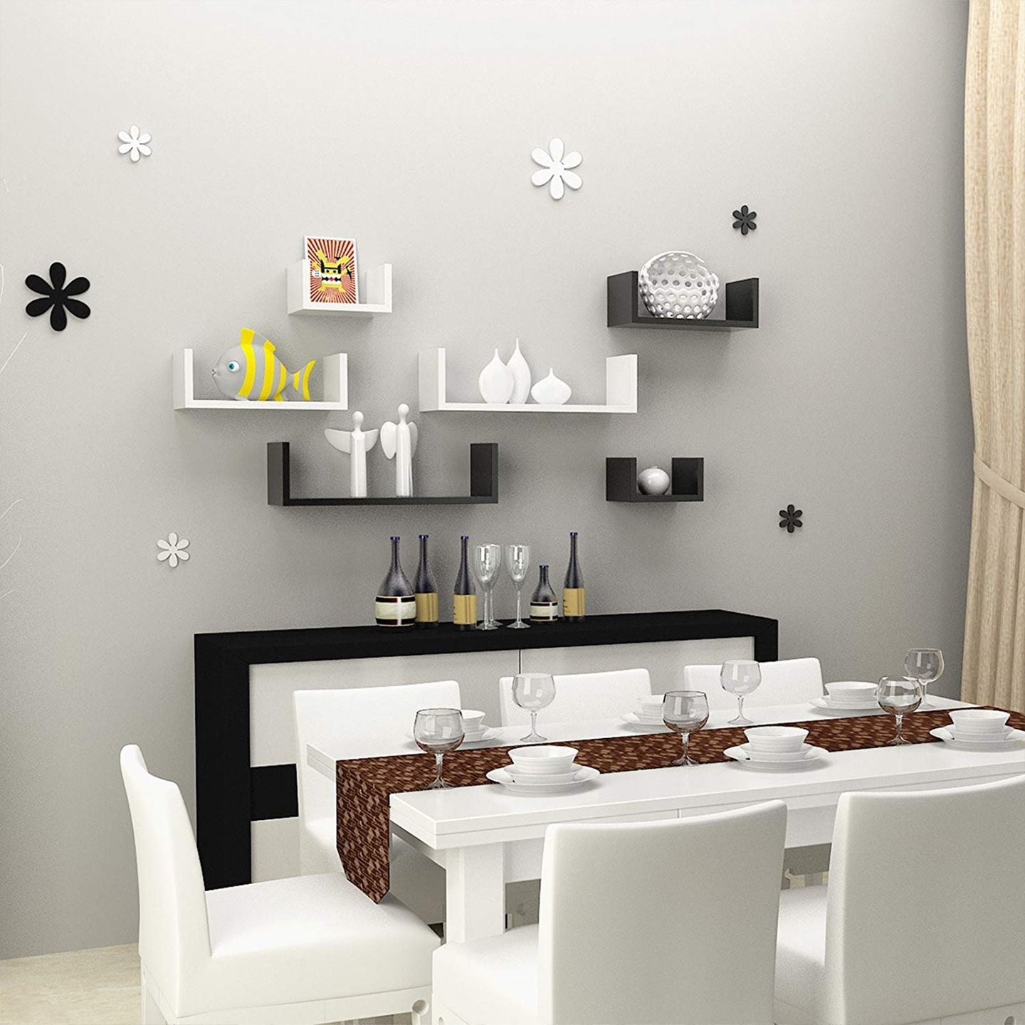 U-Shaped Floating Wall Shelves - Wood - Black - Set of 3 with 15 kg Weight Capacity