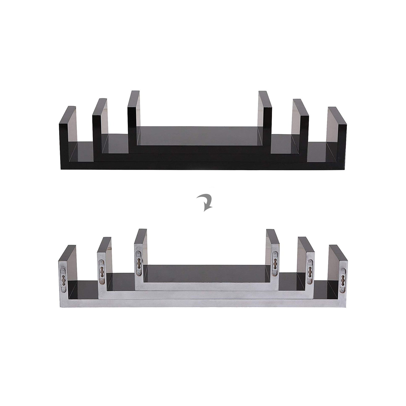 U-Shaped Floating Wall Shelves - Wood - Black - Set of 3 with 15 kg Weight Capacity
