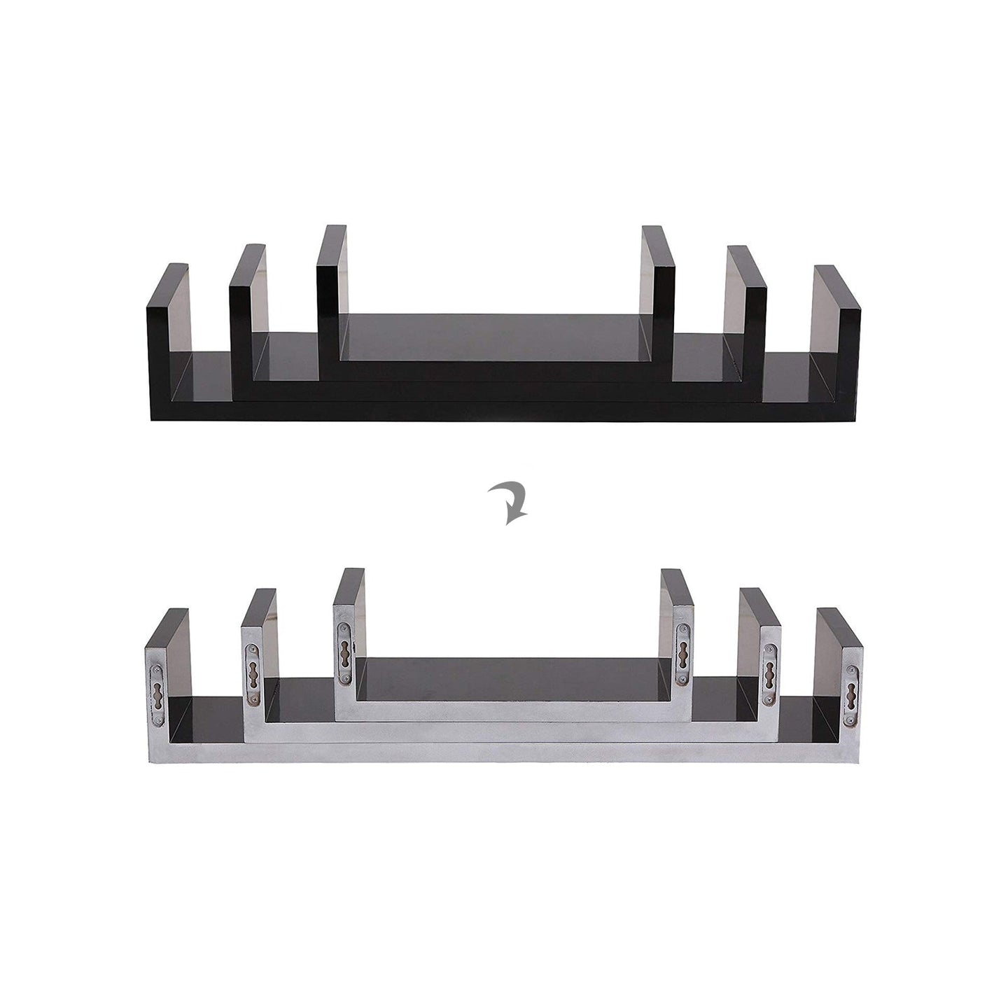 U-Shaped Floating Wall Shelves - Wood - Black - Set of 3 with 15 kg Weight Capacity
