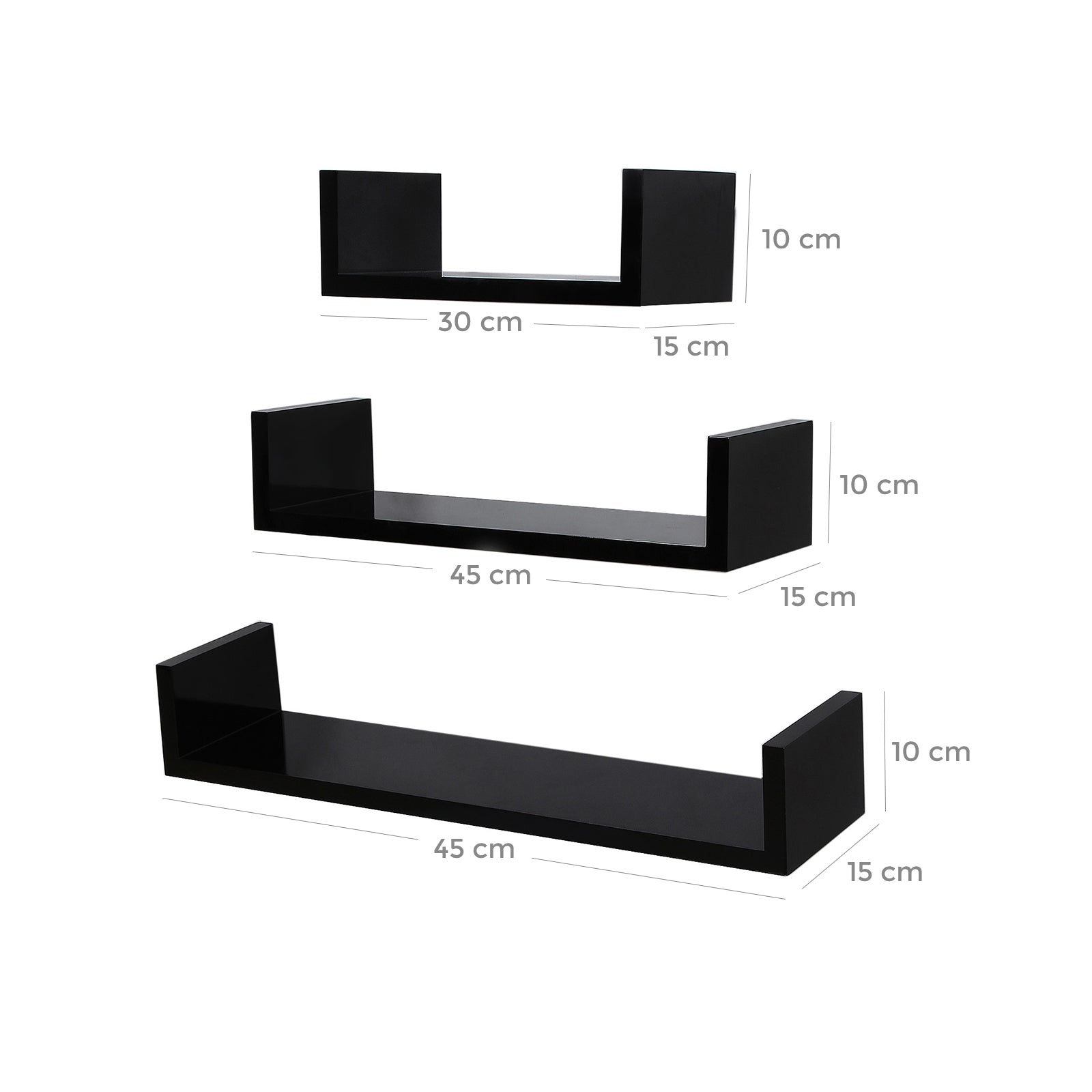 U-Shaped Floating Wall Shelves - Wood - Black - Set of 3 with 15 kg Weight Capacity
